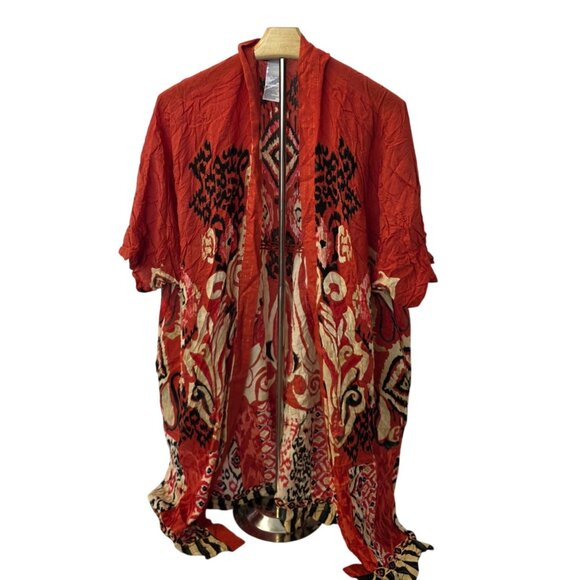 Chicos Red & Black Abstract Open Front Kimono S/M Made In China Rayon Blend - Picture 2 of 12